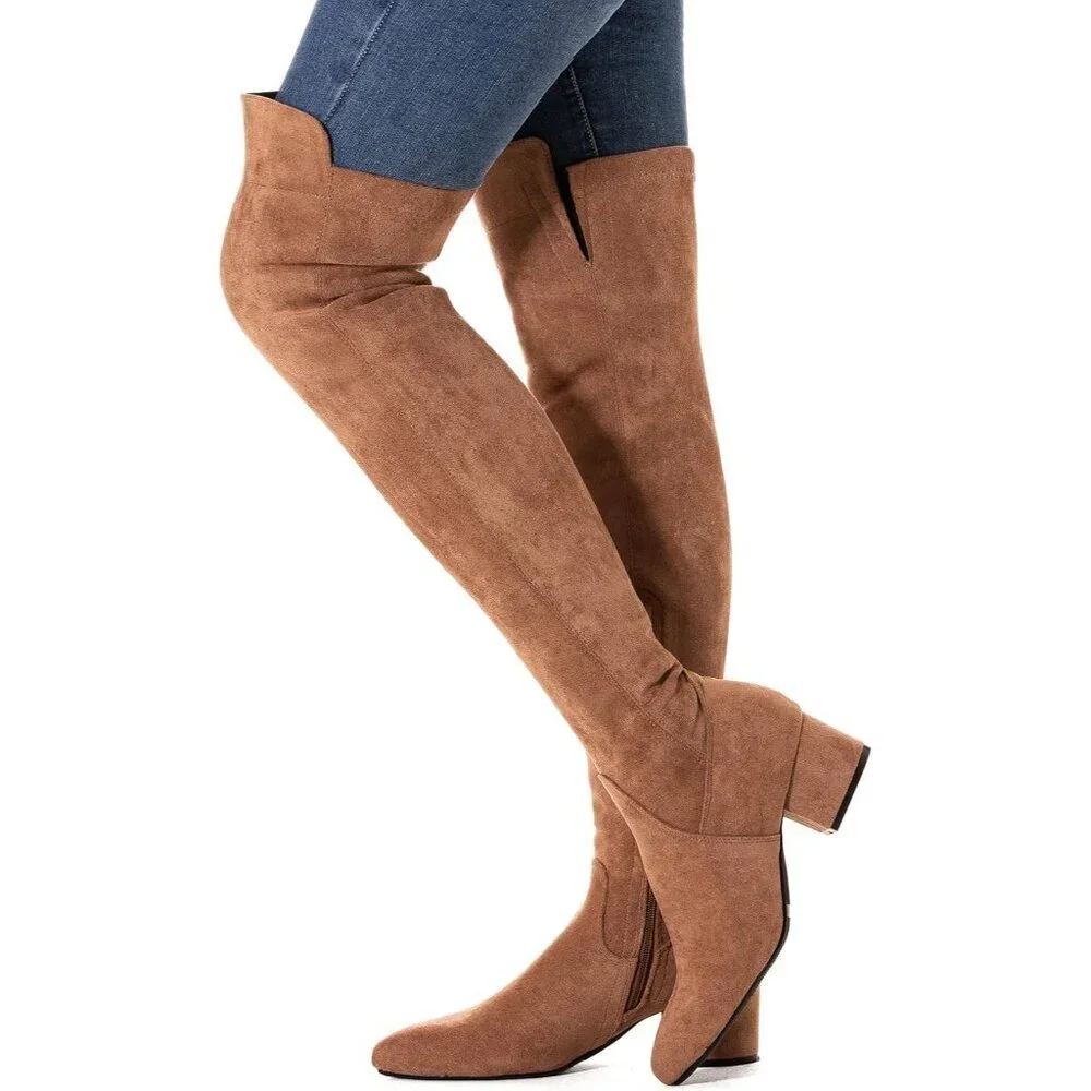 Women Brown/2 Inch Heel Faux Suede Over The Knee Thigh High Low Block Heel Boot